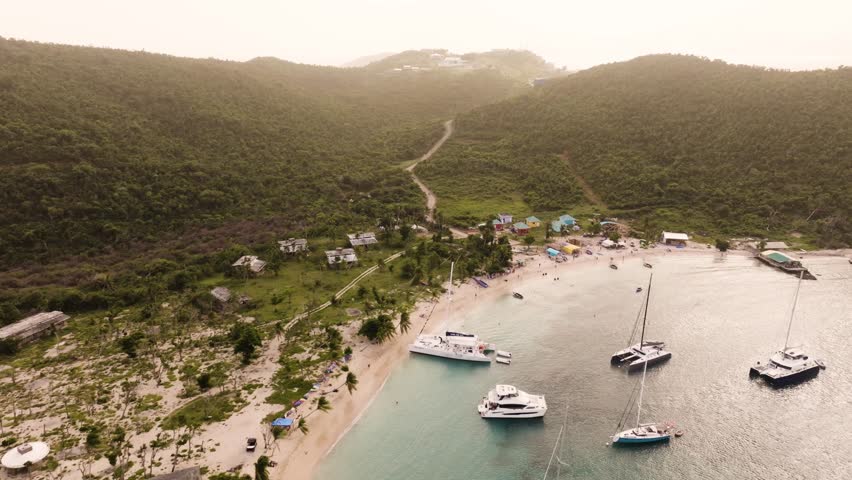 Aerial view of Mayreau in St. Vincent and the Grenadines, overlooking the lush rainforest in the hills