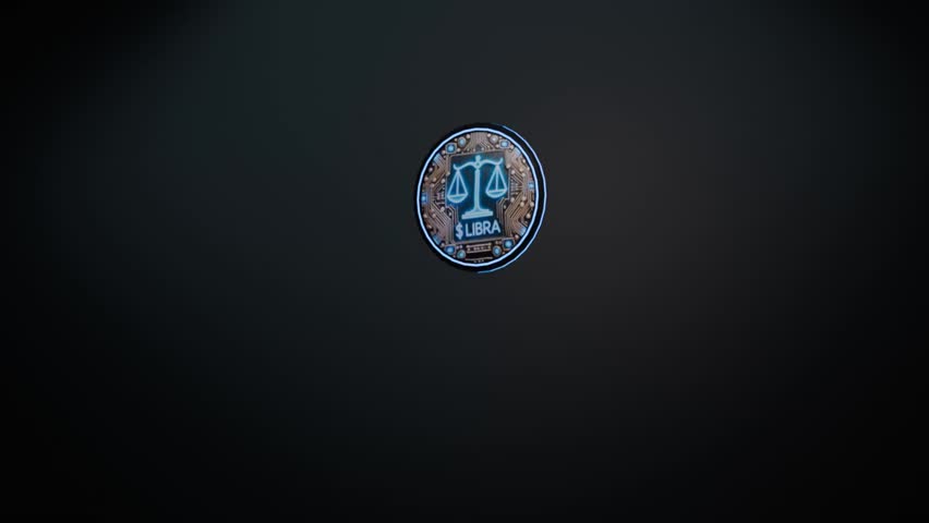 Rotating digital cryptocurrency libra coin spinning above neural network circuit, symbolizing financial technology advancement on dark technological background