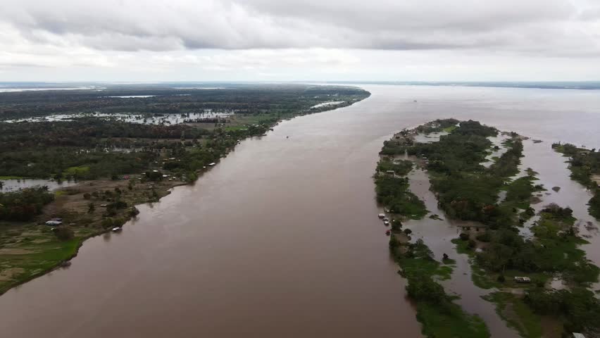 Aerial panoramic fly Amazon River, Amazonian Rain Forest in Manaus Brazil landscape