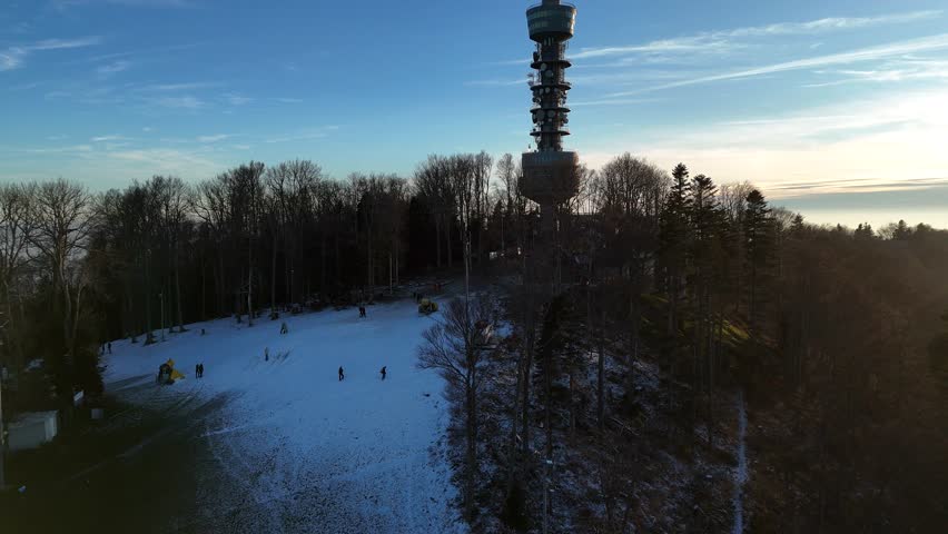 Aerial view of the top of Medvednica mountain in Zagreb in winter in 4k