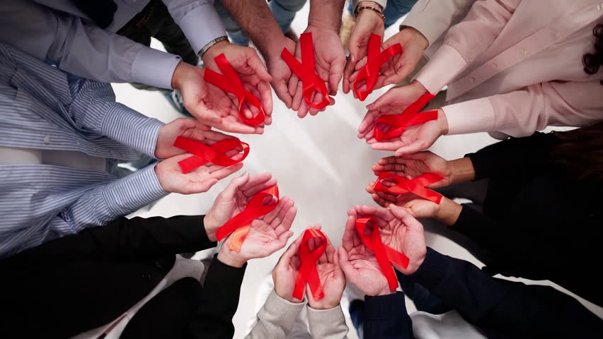HIV AIDS Patient Treatment Charity Support And Red Awareness Ribbon