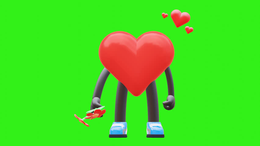 Love Heart Character Holding Flowers And Heart Suitable For Romantic And Appreciation Content. Transparent Background. Green Screen Background. Looping Animation.