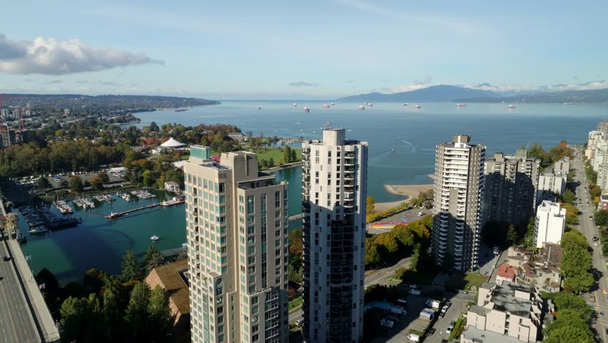 High-rise Buildings Overlooking The English Bay In Vancouver, British Columbia, Canada. - aerial shot
