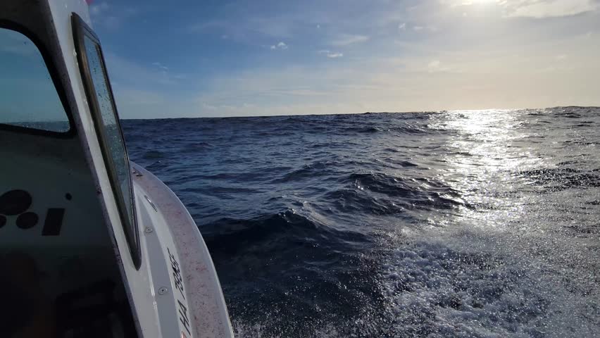 Small skiff recreational fishing boat rolling over waves deep at sea