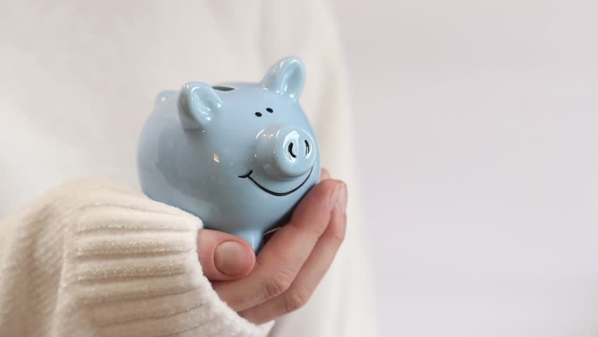 Piggy bank in hands, close-up. Woman holds blue piggy bank in hands, smooth movements. Concept of saving savings or insurance. Piggy bank for coins