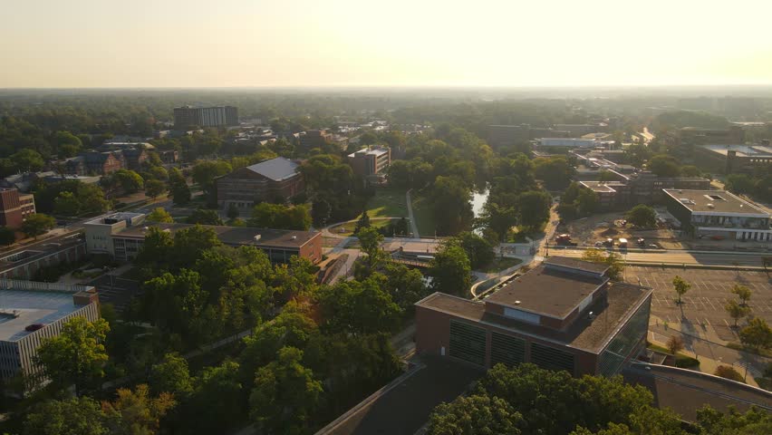 Building complex of Michigan State University, aerial drone view