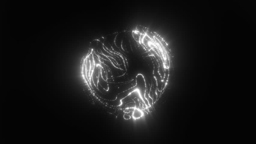 A white glowing sphere composed of swirling points of light, appearing as a digital construct in deep space background, video in high quality 4k, motion design