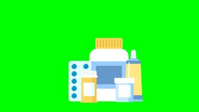 Drug medication end supplements collection. Ointment, cream. Various meds. Pharmacy, medicines. Pills, capsule blisters, bottles of liquid medicine, and plastic tubes. 2d animation. Alpha channel	 - Powered by Shutterstock - Get 15% off with code: PIKWIZARD15