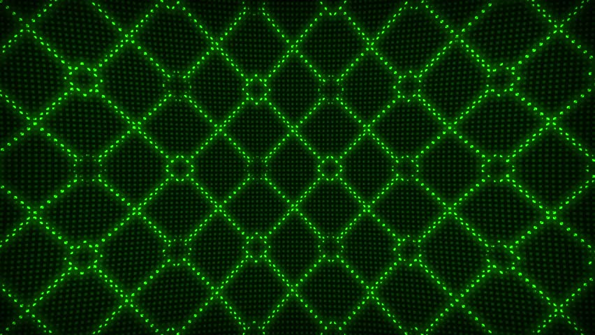 Green Led color dots lights display animation 3d technology abstract modern background, neon flashing tunnel and blinking flash lights stage backlights copy space for logos, titles , intro backdrop