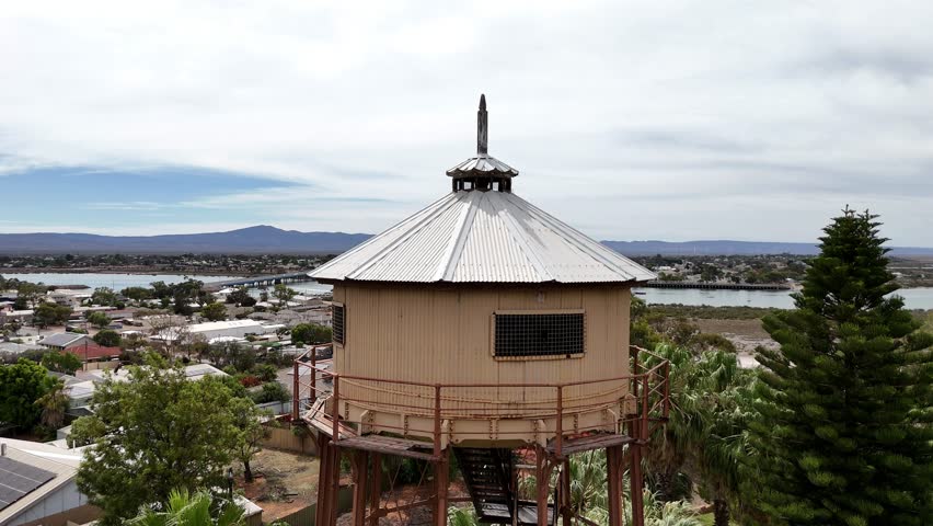 Port Augusta aerial view of The Water Tower Lookout. This tower was built in 1882 to provide a pressure water supply for the residents of Port Augusta West. The excellent views of the Spencer Gulf.
