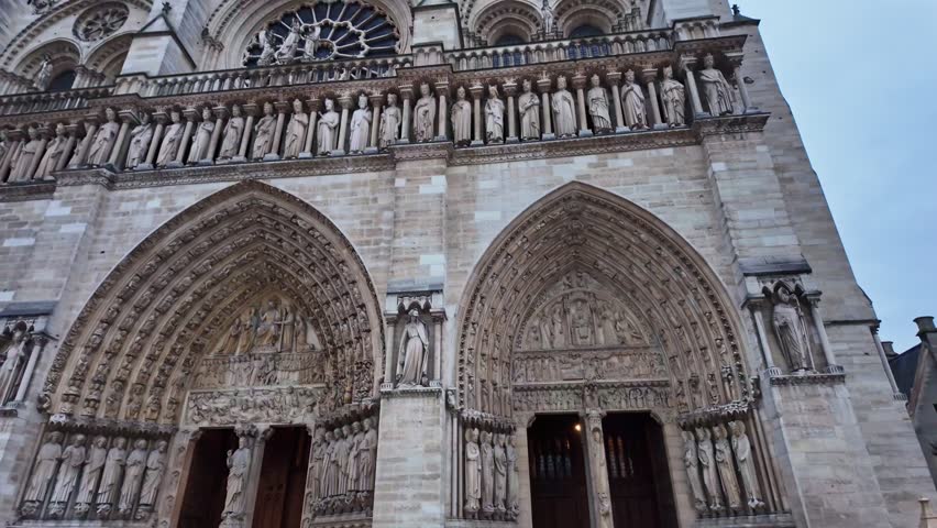 Low-angle view of the iconic Notre Dame cathedral in Paris showcasing its twin towers, France.