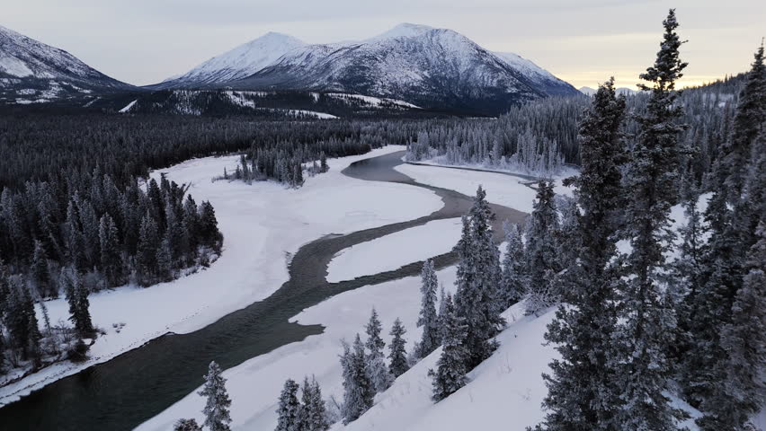 The Takhini River Winding Through a Winter Landscape With Dense Forest and Snowy Mountains in Yukon, Canada - Drone Flying Forward