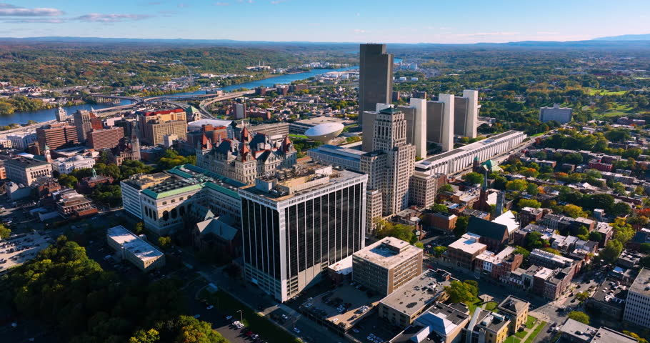 Panoramic aerial view of the historic and government district of Albany. Autumn scenic view of houses.