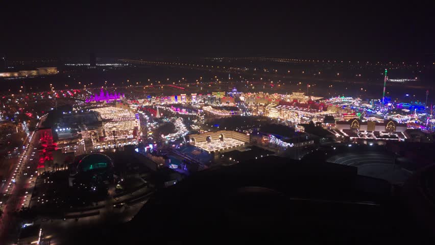 Drone shot of Global Village in UAE during night time