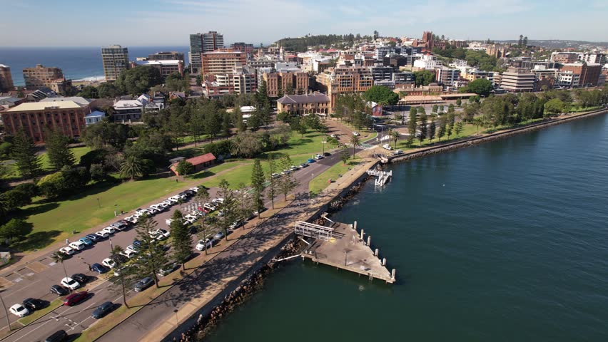 Foreshore Park And Built Structures By The Hunter River In Newcastle, NSW, Australia. aerial shot