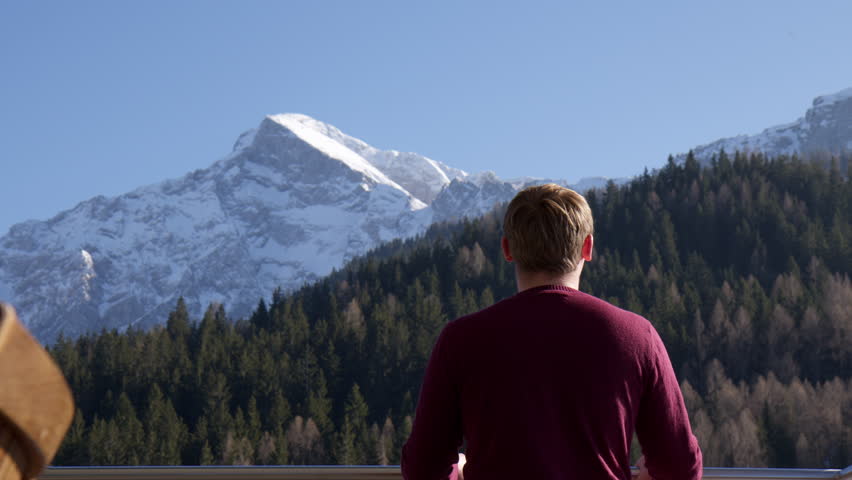 View Behind Male Tourist Looking At Bavarian Alps And Pine Forest In Germany. medium shot