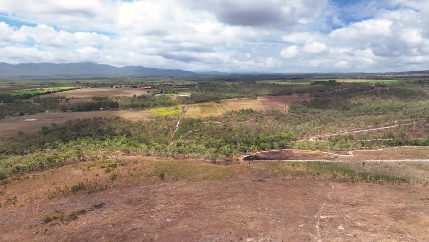 Australian rural drone landscape in Queensland. Farming lands with fields. Mareeba.