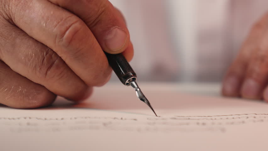 Close up hand old man elderly male pensioner write writing writer paper document paperwork business businessman worker financial contract letter fountain pen to do list author text handwriting signing