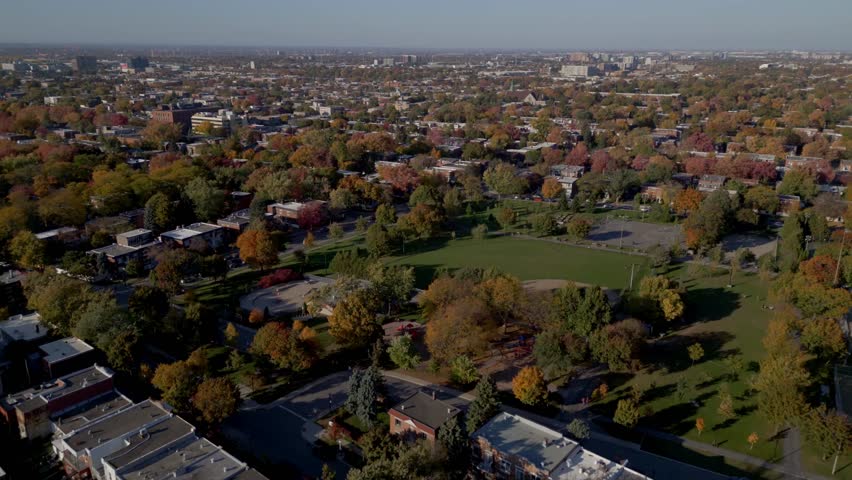 Parc Beaubien In The City Centre Of Montreal During Autumn In Quebec Canada. Aerial Drone Shot