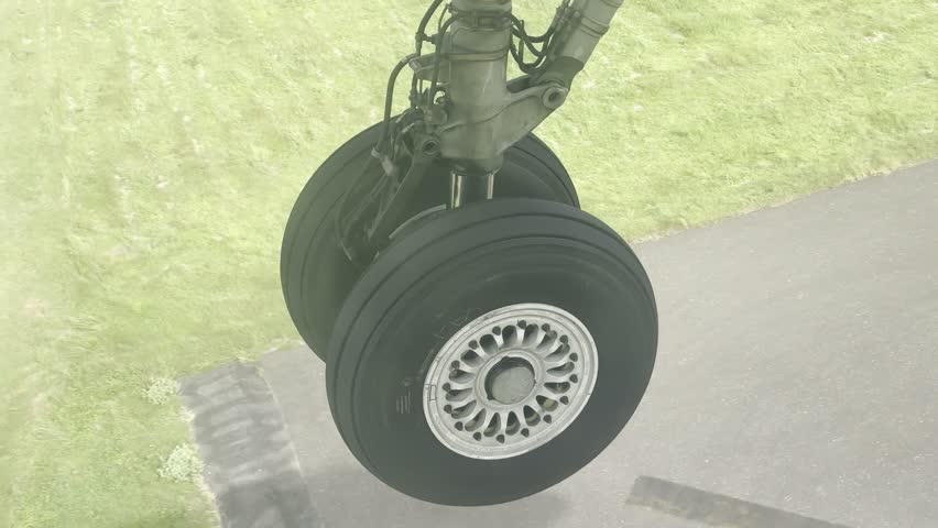 Plane landing from window view. The wheels of an airplane touchdown on runway at the airport. Wheels landing in fast speed.