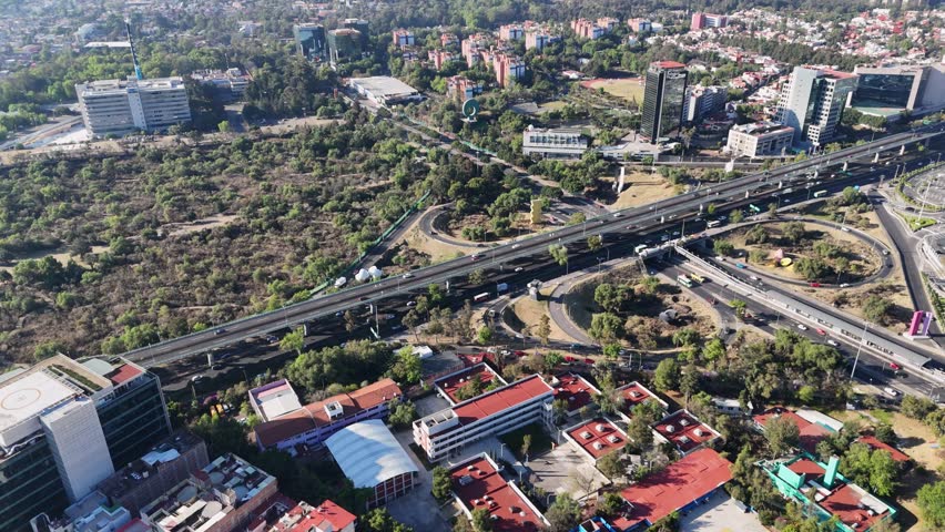 Drone footage capturing Periferico highway in southern Mexico City