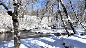 A peaceful winter scene featuring a flowing creek surrounded by snow-covered trees. The icy water reflects the sunlight, adding a serene and magical touch to the snowy forest landscape - Powered by Shutterstock - Get 15% off with code: PIKWIZARD15