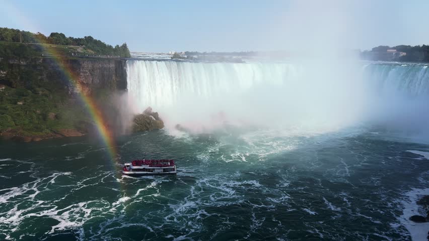 Stunning view of Niagara Falls featuring a vibrant rainbow and a tour boat amidst cascading waters, ideal for tourism promotions and nature documentaries, Canada