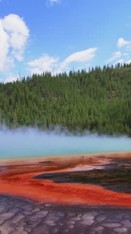Explore the vibrant colors of Grand Prismatic Spring, a natural wonder in Yellowstone National Park, surrounded by lush greenery and blue skies
