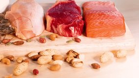 Variety of protein sources on a blue background - Powered by Shutterstock - Get 15% off with code: PIKWIZARD15