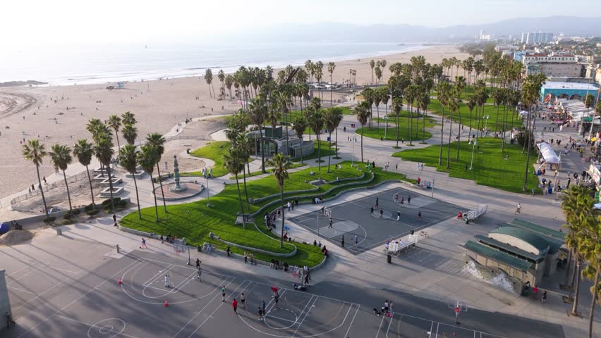 Aerial View of Venice Beach Basketball Courts and Skatepark, Los Angeles, California