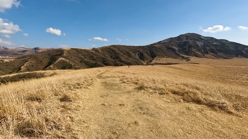 Landscape Nature Kusasenri Observatory in Mount Aso is  Aso Volcano and in this sense is the largest active volcano in Japan in Aso Kumamoto Japan - Golden yellow meadow winter - Dolly in Footage 