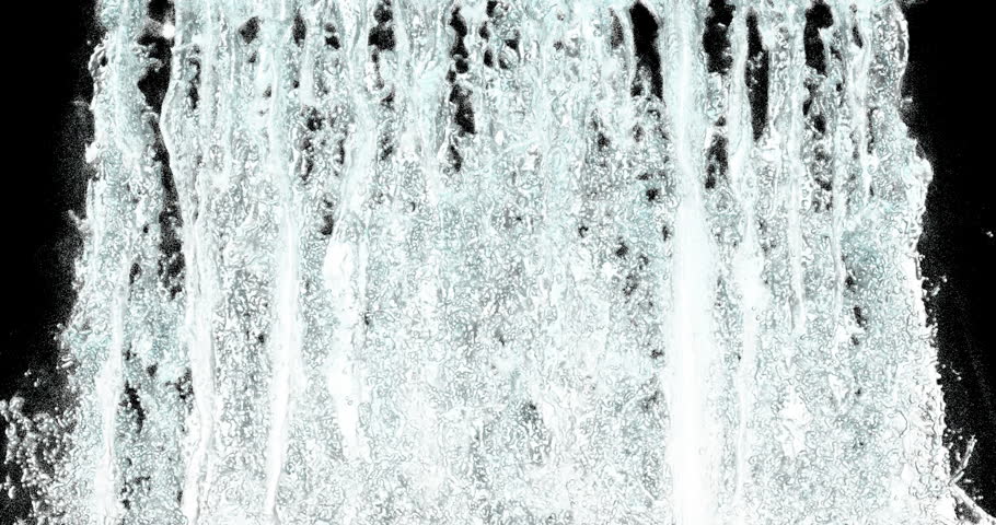 White waterfall in front view on black background. Mountain stream and splashing water. 4K 3D rendering animation.