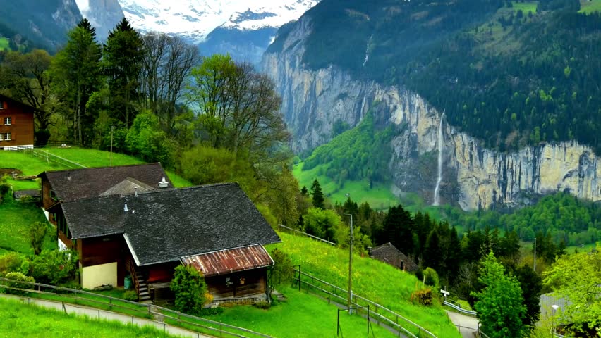View of alpine Wengen village Beautiful outdoor scene in Switzerland
