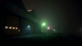 Eerie industrial warehouse at night, surrounded by thick fog, with dim artificial lights casting green and blue tones. Location: Amsterdam Noord, Nederland - Powered by Shutterstock - Get 15% off with code: PIKWIZARD15