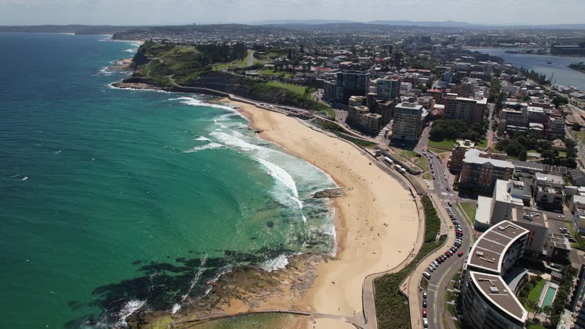 Aerial View Over Newcastle Beach In New South Wales, Australia - Drone Shot