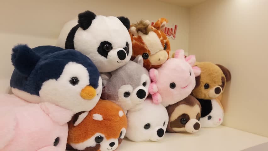 A variety of soft plush animal toys, including pandas, penguins, giraffes, and sloths, stacked together at a toy fair exhibition. Cute and colorful stuffed animals attract visitors.