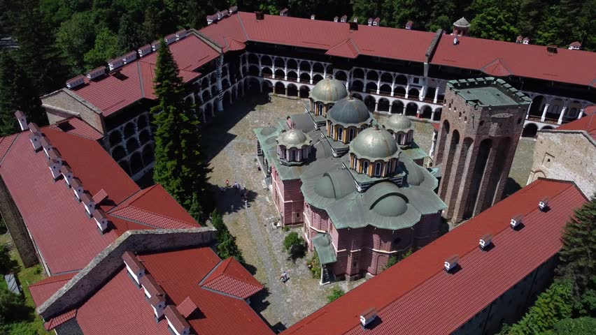 Drone view inside wonderful Eastern Orthodox Rila Monastery in Bulgaria