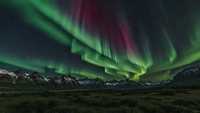 Green and red aurora borealis crossing the starry night sky over snowy mountains - Powered by Shutterstock - Get 15% off with code: PIKWIZARD15