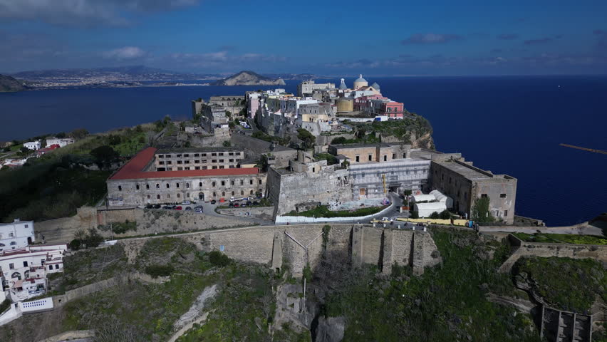 Aerial view of historic buildings and church on Terra Murrata, beautiful landscape on Procida island in Italy
