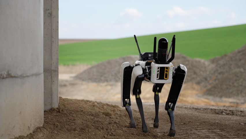 Robotic dog surveying a construction site in a rural area, walking on dirt near concrete structures