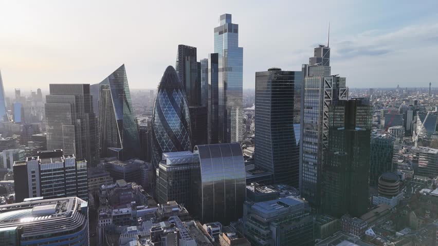 Skyscrapers London financial district skyline reverse aerial