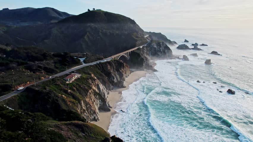 Bixby Bridge Rocky Creek Bridge in Big Sur California via Drone at Sunset