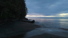 Peaceful twilight scene at a serene beach with calm ocean waves, driftwood, and a coastal forest. Perfect for travel, nature, and relaxation projects. British Columbia, Canada. - Powered by Shutterstock - Get 15% off with code: PIKWIZARD15