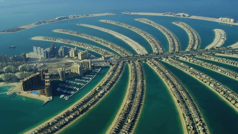Aerial view of Luxury Shopping Centre, Golden Mile, Palm Jumeirah, Dubai, UAE, RED EPIC