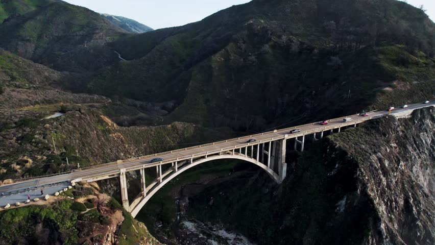 Bixby Bridge Rocky Creek Bridge in Big Sur California via Drone at Sunset