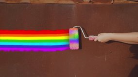 Symbol of Love Freedom Unity Pride Acceptance. Woman Draws Colorful Bright Lines Rainbow on Old Wall. Playful Mood Energy Flowering of Fantasy Pleasure to Be Yourself. Human Rights, to Dream - Powered by Shutterstock - Get 15% off with code: PIKWIZARD15