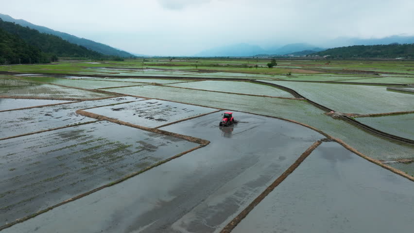 Aerial View of Tractor Plowing Flooded Rice Field