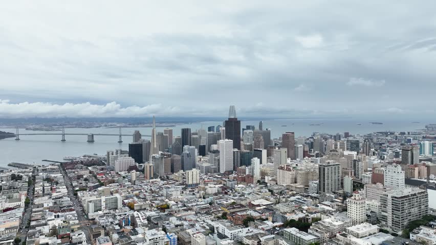 San Francisco Bay area cityscape and downtown skyline with overcast sky