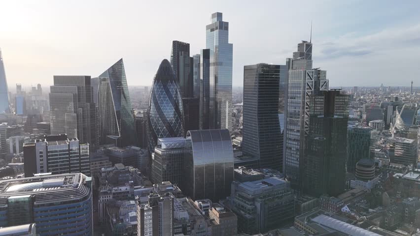 Skyscrapers London financial district 2025 skyline drone,aerial push in