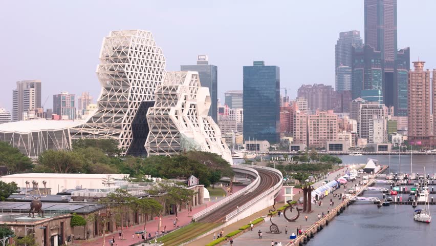 Drone view of Kaohsiung Music Center, 85 sky tower and more in Kaohsiung, Taiwan